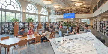 Students reviewing financial aid documents and laptops in a modern library