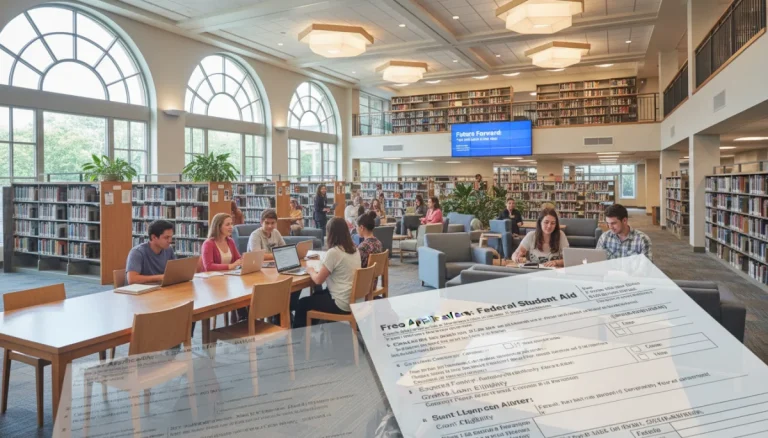 Students reviewing financial aid documents and laptops in a modern library