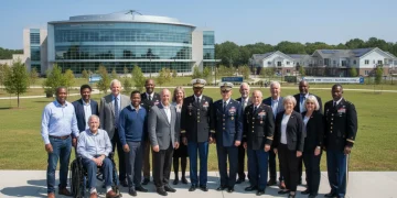 Veterans standing proudly with modern VA healthcare and housing facilities in background