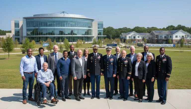 Veterans standing proudly with modern VA healthcare and housing facilities in background