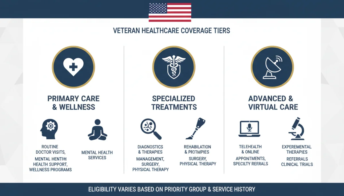 Infographic showing various tiers of veteran healthcare coverage and services